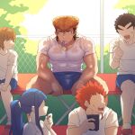  1girl 4boys bara black_hair blue_hair blue_shorts brown_hair bulge danganronpa:_trigger_happy_havoc danganronpa_(series) day faceless faceless_male food food_in_mouth fujisaki_chihiro highres holding holding_phone ishimaru_kiyotaka kuwata_leon large_pectorals long_hair looking_at_another maizono_sayaka multicolored_hair multiple_boys muscular muscular_male oowada_mondo open_mouth orange_hair outdoors pectorals phone pompadour ponytail popsicle popsicle_in_mouth purple_eyes qwq1151h shirt short_hair shorts sitting sweat sweatdrop two-tone_hair white_shirt 