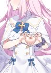  1girl angel_wings blue_archive blue_bow bow breasts breasts_out capelet dress feathered_wings head_out_of_frame heart heart_hands highres mika_(blue_archive) morisobo nipples pink_hair scrunchie solo white_dress wings wrist_scrunchie 