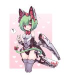  1girl ? animal_ears armor artery_gear artery_gear:_fusion bare_shoulders blush bow bowtie breasts cat_ears cat_tail gradient gradient_background green_hair gun hair_flaps hair_ornament hairclip heart highres holding holding_gun holding_weapon impossible_clothes kuro_(kuroi-nanika) leotard looking_at_viewer mecha_musume mechanical_ears mechanical_wings meko_(artery_gear) open_mouth red_bow red_bowtie red_eyes ribbon short_hair small_breasts solo spoken_question_mark sweatdrop tail tail_bow tail_ornament thighhighs thighs v weapon wings 