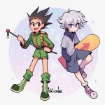  2boys bangs black_hair boots brown_eyes fishing_rod gon_freecss hand_in_pocket holding holding_fishing_rod hunter_x_hunter jacket killua_zoldyck long_hair long_sleeves looking_at_another male_child male_focus multiple_boys open_mouth purple_eyes shirt short_hair shorts simple_background skateboard smile spiked_hair turtleneck white_hair yoyochaan 