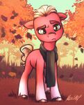  2022 autumn buttersprinkle digital_media_(artwork) earth_pony equid equine eyebrows feral green_eyes hasbro hi_res hooves horse leaf male mammal mane mlp_g5 my_little_pony outside plant pony raised_eyebrow red_body scarf signature solo sprout_cloverleaf_(mlp) thick_eyebrows tree 