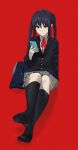  1girl bag bangs black_hair black_socks blazer blue_jacket brown_eyes cellphone closed_mouth commentary_request full_body highres holding holding_phone jacket k-on! kneehighs long_hair long_sleeves nakano_azusa neck_ribbon no_shoes phone red_background red_ribbon ribbon sakuragaoka_high_school_uniform saya_endo_(27) school_bag school_uniform shirt simple_background sitting smartphone socks twintails white_shirt 