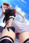  1girl ass azur_lane belt black_gloves black_skirt blue_sky breasts clothing_cutout covered_nipples cropped_jacket from_behind from_below gloves grey_hair half_gloves headgear highres jacket large_breasts long_hair looking_at_viewer looking_back miniskirt mitsukichi multicolored_hair official_alternate_costume open_clothes open_jacket panties panty_straps prinz_eugen_(azur_lane) prinz_eugen_(final_lap)_(azur_lane) purple_jacket race_queen red_hair red_panties skirt sky solo streaked_hair two-tone_hair two-tone_skirt underboob underboob_cutout underwear white_belt white_skirt yellow_eyes zipper 