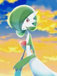  1girl 4shiki backlighting bangs blue_sky bob_cut bright_pupils cloud colored_skin commentary_request constricted_pupils day flat_chest gardevoir green_hair green_skin hair_over_one_eye highres looking_back multicolored_skin one_eye_covered open_mouth orange_sky outdoors partial_commentary pokemon pokemon_(creature) red_eyes short_hair sky solo sunset two-tone_skin white_pupils white_skin 