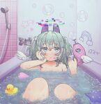  1girl :o angel_wings bangs bathing bathtub blush bubble bubble_gun chromatic_aberration completely_nude green_hair grey_eyes hair_between_eyes hair_ornament hairclip halo hand_on_own_face heart highres holding looking_up medium_hair nude open_mouth original rainbow rnfhv rubber_duck shower_head solo star_(symbol) twintails water wings 