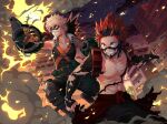  2boys abs bakugou_katsuki blonde_hair boku_no_hero_academia building clenched_hand commentary cracked_skin english_commentary explosion explosive fire gloves green_belt green_gloves grenade grin insecureillu kirishima_eijirou knee_pads male_focus multiple_boys night orange_gloves red_eyes red_hair school_uniform sharp_teeth sky smile smoke spiked_hair star_(sky) starry_sky teeth topless_male torn_clothes two-tone_gloves 