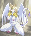  anthro bandai_namco blue_eyes breasts claws clothing digimon digimon_(species) erect_nipples female gloves handwear heigani nefertimon nipples nude smile solo white_body wings 