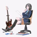  1girl akiyama_mio bangs bass_guitar black_eyes black_hair black_socks blazer blue_jacket blue_ribbon blunt_bangs book book_stack chair commentary_request grey_skirt highres holding holding_paper holding_pen instrument jacket k-on! long_hair long_sleeves neck_ribbon no_shoes office_chair paper pen ribbon sakuragaoka_high_school_uniform saya_endo_(27) school_uniform shirt sidelocks simple_background sitting skirt socks solo white_background white_shirt 