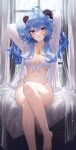  1girl :t absurdres ahoge alternate_costume arms_behind_head arms_up bare_legs barefoot bell bikini bikini_under_clothes blue_hair blush breasts cleavage curtains foot_out_of_frame front-tie_top ganyu_(genshin_impact) genshin_impact goat_horns gradient_eyes highres horns indoors jewelry long_hair long_sleeves medium_breasts multicolored_eyes navel neck_bell necklace on_bed open_clothes open_shirt pout purple_eyes raki_kr shirt sitting solo swimsuit teardrop tears wavy_hair white_bikini white_shirt window 