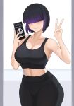  1girl aori_sora bangs black_hair black_pants black_shirt blunt_bangs blush breasts cellphone cleavage closed_mouth collarbone commission covered_eyes facing_viewer gradient_hair hands_up highres holding holding_phone large_breasts midriff multicolored_hair original pants phone purple_hair shirt short_hair smartphone smile solo tank_top two-tone_hair v 