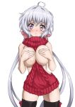  1girl ahoge black_thighhighs breasts breasts_out closed_mouth covering covering_breasts eyebrows_behind_hair fujikawa_daichi hair_ornament hair_scrunchie large_breasts long_hair looking_at_viewer no_bra purple_eyes red_sweater scrunchie senki_zesshou_symphogear shiny shiny_hair simple_background solo sweater thighhighs twintails white_background white_hair yukine_chris 