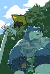  2022 anthro black_nose blue_body bodily_fluids bottomwear clothing cloud engumajiken hi_res humanoid_hands japanese_text kemono male mammal outside overweight overweight_male plant shirt shorts solo sweat text tongue tongue_out topwear tree ursid 