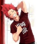  1boy ^_^ arm_behind_head boku_no_hero_academia closed_eyes commentary english_commentary grin insecureillu kirishima_eijirou leaning_to_the_side male_focus red_eyes red_hair red_shirt sharp_teeth shirt smile solo spiked_hair teeth thug_life thumbs_up window 