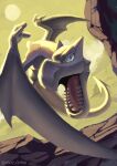  absurdres aerodactyl blue_eyes chiha_bobobo cloud highres looking_at_viewer monster no_humans open_mouth pokemon pokemon_(creature) rock scales sky sun sunlight tail teeth tongue twitter_username wings 
