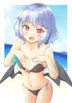  1girl :d arnest bangs bare_arms bare_shoulders bat_wings beach bikini black_bikini black_wings blue_hair blue_sky blush border bow bow_bikini bra bright_pupils cloud collarbone cowboy_shot day dot_nose dutch_angle fang flat_chest frilled_bikini frills from_above hands_on_own_chest hands_up highres horizon lens_flare looking_at_viewer looking_up low_wings mountainous_horizon navel no_hat no_headwear ocean open_mouth outdoors outside_border panties red_bow red_eyes remilia_scarlet revision shiny shiny_hair shiny_skin short_hair side-tie_bikini sky smile solo spaghetti_strap standing stomach sunlight swimsuit touhou tsurime underwear w_arms water white_border white_pupils wings 