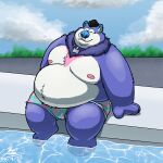 1:1 2022 anthro belly big_belly blue_body blue_fur blue_nose bottomwear canid canine canis clothing domestic_dog eyes_closed fur hi_res male mammal marshmallowpupy moobs nipples obese obese_male outside overweight overweight_male shorts sitting solo swimming_pool 