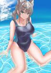  1girl absurdres animal_ear_fluff animal_ears bangs black_swimsuit blue_archive blue_eyes breasts competition_swimsuit covered_navel cross_hair_ornament extra_ears grey_hair hair_ornament halo highres large_breasts looking_at_viewer low_ponytail medium_hair mismatched_pupils multicolored_clothes multicolored_swimsuit one-piece_swimsuit partially_submerged shiroko_(blue_archive) shiroko_(swimsuit)_(blue_archive) sitting smile solo swimsuit waizumi_(vestineislancer) wariza water 