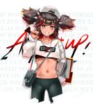  1girl absurdres backwards_hat bag baseball_cap black_hair black_nails black_pants collarbone crop_top crop_top_overhang cropped_legs dark_skin genshin_impact grin hand_on_hip hand_up hat highres jewelry long_hair looking_at_viewer midriff multicolored_hair nail_polish navel necklace pants red_eyes scup shirt shoulder_bag smile solo stomach streaked_hair twintails white_headwear white_shirt xinyan_(genshin_impact) 