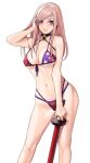  1girl adjusting_hair american_flag_bikini applekun arm_up bangs bare_arms bikini blue_eyes blush breasts choker cleavage closed_mouth collarbone contrapposto duplicate earrings fate/grand_order fate_(series) flag_print front-tie_bikini front-tie_top hair_between_eyes hand_in_own_hair highres holding holding_sword holding_weapon jewelry leaf long_hair looking_at_viewer maple_leaf medium_breasts miyamoto_musashi_(fate) miyamoto_musashi_(swimsuit_berserker)_(fate) miyamoto_musashi_(swimsuit_berserker)_(second_ascension)_(fate) multi-strapped_bikini navel no_pants no_shirt pink_hair pixel-perfect_duplicate shinai simple_background skindentation smile solo stomach straight_hair swimsuit sword underboob weapon white_background 