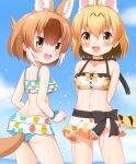  2girls :d animal_ear_fluff animal_ears ass bangs bare_arms bare_shoulders bikini black_bow blonde_hair blue_bikini blue_sky blush bow breasts brown_eyes brown_hair cleavage cloud collarbone commentary_request day dhole_(kemono_friends) hair_between_eyes highres kemono_friends looking_at_viewer looking_back medium_breasts multicolored_hair multiple_girls outdoors polka_dot polka_dot_bikini serval_(kemono_friends) shin01571 sky smile standing swimsuit tail two-tone_hair wet white_bikini white_hair yellow_eyes 