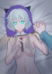  2girls animal_ears blonde_hair blush breasts cat_ears closed_mouth collarbone eila_ilmatar_juutilainen green_eyes hair_over_breasts highres holding_hands large_breasts long_hair lying multiple_girls navel olive_gun_on_a_pigeon on_back on_bed perrine_h._clostermann pov sanya_v._litvyak short_hair upper_body white_hair world_witches_series yuri 