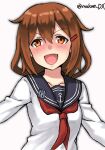  1girl black_sailor_collar brown_hair hair_ornament hairclip ikazuchi_(kancolle) kantai_collection looking_at_viewer makun_dx neckerchief one-hour_drawing_challenge red_neckerchief sailor_collar school_uniform serafuku short_hair simple_background solo twitter_username upper_body white_background 