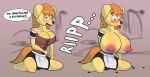 absurd_res anthro apron barmaid big_breasts bird_dog blep blonde_hair blurred_background blush bottomwear breast_expansion breasts canid canine canis cleavage cleavage_overflow clothed clothing dialogue domestic_dog expansion female fur golden_retriever hair hi_res holding_stomach huge_breasts hunting_dog kneeling kuuchor mammal motion_lines nipples open_mouth pink_nipples retriever skirt solo speech_bubble tongue tongue_out yellow_body yellow_fur