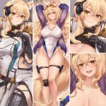  1girl animal_ear_fluff animal_ears arknights arms_up black_gloves blonde_hair breasts character_name cleavage clothes_writing dakimakura_(medium) dress epaulettes eyewear_on_head gloves grin groin hair_between_eyes headset horse_ears horse_girl horse_tail implied_extra_ears iwbitu jacket large_breasts looking_at_viewer multiple_views nearl_(arknights) nearl_(shimmering_dew)_(arknights) nearl_the_radiant_knight_(arknights) official_alternate_costume one-piece_swimsuit open_clothes open_jacket purple_jacket smile sunglasses swimsuit tail teeth upper_teeth_only white_dress white_one-piece_swimsuit yellow_eyes 