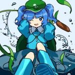  1girl blue_eyes blue_footwear blue_hair blue_shirt blue_skirt boots cattail collared_shirt commentary_request flat_chest frilled_shirt_collar frills green_headwear hair_bobbles hair_ornament hat jewelry kaigen_1025 kawashiro_nitori key key_necklace looking_at_viewer necklace no_nose one_eye_closed open_mouth plant shirt short_twintails sitting skirt smile solo splashing touhou twintails 