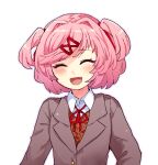  1girl :d ^_^ blush brown_sweater_vest buttons chiimako closed_eyes collared_shirt commentary_request doki_doki_literature_club eyelashes fang grey_jacket hair_intakes hair_ornament hair_ribbon jacket lapels long_sleeves natsuki_(doki_doki_literature_club) neck_ribbon open_mouth pink_hair red_ribbon ribbon school_uniform shirt short_hair sidelocks simple_background smile solo sweater_vest swept_bangs two_side_up upper_body white_background white_shirt wing_collar x_hair_ornament 