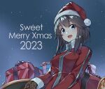  1girl 2023 black_hair brown_gloves commentary_request gift gloves grey_eyes hat hayasui_(kancolle) jacket kantai_collection konishi_(koconatu) merry_christmas official_alternate_costume official_art red_headwear red_jacket santa_hat short_hair sleigh snow solo track_jacket upper_body 