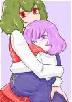  2girls breasts green_hair highres hug kazami_yuuka large_breasts letty_whiterock long_sleeves medium_hair multiple_girls negataipa purple_eyes purple_hair red_eyes shirt sleeveless touhou white_shirt 