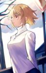  1girl antenna_hair arcueid_brunestud arms_behind_back black_skirt blonde_hair closed_mouth cloud commentary floating_hair hair_between_eyes jewelry long_sleeves necklace outdoors red_eyes short_hair skirt solo sweater tsukihime tsukihime_(remake) turtleneck turtleneck_sweater white_sweater yuzu_(pixiv_54192275) 