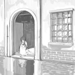  1girl aria_(manga) aria_company_uniform bow bowtie doorway eyelashes full_body greyscale hair_tubes knees_up mizunashi_akari monochrome outdoors parted_bangs sailor_collar short_hair_with_long_locks short_sleeves sitting sketch solo suiso_(owp) venice 