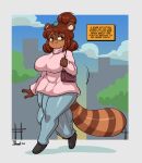 anthro bottomwear brown_body brown_hair canid canine clothing english_text eyelashes fur genitals gynomorph hair hi_res intersex joaoppereiraus mammal pants penis pupils raccoon_dog smile solo tanuki text walking