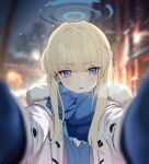  1girl akanora aqua_bow aqua_bowtie blonde_hair blue_archive blue_bow blue_cardigan blue_eyes blue_scarf blurry blurry_background blurry_foreground bow bowtie cardigan coat commentary fur-trimmed_coat fur_trim halo highres looking_at_viewer outstretched_arms scarf solo symbol-only_commentary toki_(blue_archive) tracen_winter_coat white_coat 