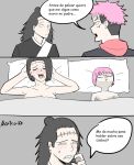  1girl 3boys black_hair blush check_translation facial_mark facial_tattoo grey_alien guy_tired_after_sex_(meme) highres implied_after_sex itadori_jin itadori_kaori itadori_yuuji jujutsu_kaisen kenjaku meme mexico_ufo_alien_bodies_hearing_(meme) multiple_boys pink_hair scar scar_on_face scar_on_forehead short_hair speech_bubble spiked_hair tattoo thecooleralexico translation_request undercut 