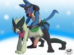 all_fours anal anal_penetration anthro balls blue_body blush digital_media_(artwork) duo from_behind_position fur generation_4_pokemon generation_9_pokemon genitals green_body hi_res humanoid_genitalia humanoid_penis lucario male male/male male_penetrated male_penetrating male_penetrating_male mammal meowscarada nintendo nude open_mouth penetration penis pokemon pokemon_(species) sex simple_background spike_(disambiguation) tail timidwithapen tongue tongue_out vein veiny_penis