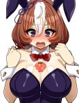  1girl @_@ alternate_costume animal_ears ao_(user_xcnx5328) blush breasts brown_hair carrot cleavage collarbone commentary_request hair_ornament horse_girl large_breasts looking_at_viewer medium_hair meisho_doto_(umamusume) playboy_bunny simple_background solo tears umamusume white_background 