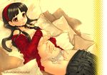  amagi_yukiko black_hair breast_hold breasts brown_eyes cum hairband large_breasts long_hair lying on_back open_clothes open_shirt panties papimo persona persona_4 shirt skirt skirt_pull solo underwear white_panties 