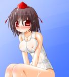  arayama_reiichi black_hair blush breasts bukkake covered_nipples cum cum_on_hair facial hat large_breasts looking_at_viewer one-piece_swimsuit red_eyes school_swimsuit see-through shameimaru_aya short_hair solo swimsuit touhou white_school_swimsuit white_swimsuit 