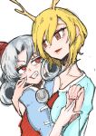  2girls blonde_hair colored_pencil_(medium) grey_hair highres horns hug kicchou_yachie looking_at_another medium_hair multiple_girls negataipa red_eyes touhou toutetsu_yuuma traditional_media 