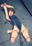  bangs barefoot bdsm blush bondage bound f-ism feet frogtie hair_between_eyes highres indoors murakami_suigun object_insertion one-piece_swimsuit original predicament_bondage rope shibari solo spread_toes swimsuit tears toes 