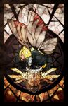  animal_focus black_border black_eyes blank_eyes border bug commentary_request free_butterfree from_side full_body halo highres ninjask no_humans partial_commentary pokemon pokemon_(creature) profile red_eyes shedinja stained_glass straight-on 