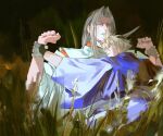  2boys alternate_costume alternate_universe black_gloves blonde_hair blue_kimono cloud_strife commentary final_fantasy final_fantasy_vii fingerless_gloves gloves grass grey_hair hands_up highres holding_another&#039;s_wrist japanese_clothes kimono light_smile long_hair male_focus multiple_boys night on_grass on_ground outdoors parted_bangs sash sephiroth short_hair single_fingerless_glove single_glove slit_pupils spiked_hair spotlight upper_body white_kimono xscr1205 