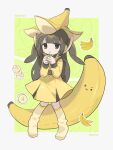  1girl backpack bag banana banana_peel black_bag black_hair brown_hair drinking_straw food fruit full_body highres juice_box kneehighs long_hair long_sleeves looking_at_viewer morizo_(morizoshop) orange_eyes original socks solo tareme two_side_up yellow_socks 