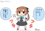  1girl :3 akigumo_(kancolle) akigumo_kai_ni_(kancolle) artist_glove black_dress blazer bottle brown_eyes brown_hair chibi commentary_request dress energy_drink flying_sweatdrops full_body goma_(yoku_yatta_hou_jane) grey_thighhighs holding holding_stylus jacket kantai_collection long_hair open_mouth pleated_dress ponytail simple_background smile solo standing stylus thighhighs translation_request twitter_username wavy_mouth white_background white_jacket 