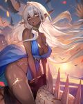  1girl :d bare_arms bare_shoulders bird blue_dress breasts commentary_request dark_skin dress highres lack large_breasts long_hair looking_at_viewer open_mouth original pointy_ears smile solo thighlet thighs very_long_hair white_hair yellow_eyes 