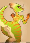 2023 5_fingers anthro bird_wyvern breasts capcom chrysalisdraws digital_media_(artwork) fangs female fingers gendrome green_body green_skin hi_res humanoid_hands looking_at_viewer monster_hunter multicolored_body multicolored_skin non-mammal_breasts nude pupils red_eyes red_sclera slit_pupils small_breasts solo striped_body striped_skin stripes tan_body tan_skin teeth text two_tone_body two_tone_skin url