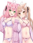  2girls :d ahoge animal_ear_fluff animal_ears black_ribbon blush bra breasts cat_choker cat_ears cat_girl cat_tail collarbone double-parted_bangs frilled_bra frilled_panties frills green_eyes hair_ribbon hamico hand_on_own_chest haruka_(hamico) highres holding_hands jacket kokona_(hamico) light_brown_hair long_hair looking_at_viewer medium_breasts multiple_girls navel off_shoulder original panties pink_bra pink_hair pink_panties purple_bra purple_jacket purple_panties ribbon small_breasts smile tail twintails underwear very_long_hair yellow_eyes 